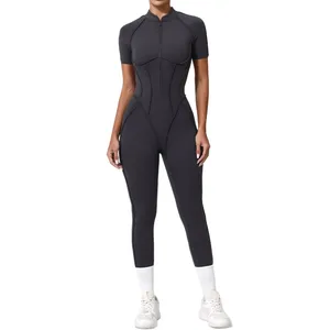Women's Sexy One Piece Sports Bodysuit Short Sleeve Zip-Up Romper with Bottom Pants Bodycon Workout Jumpsuit