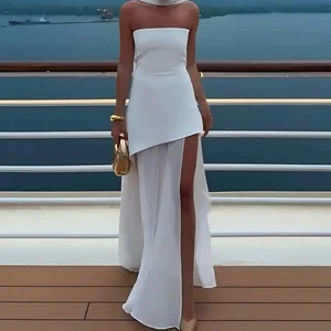 Custom Women's Summer Maxi Dress Breathable Cotton Strapless with Ribbon Front Logo Daily Style Solid Pattern Dress
