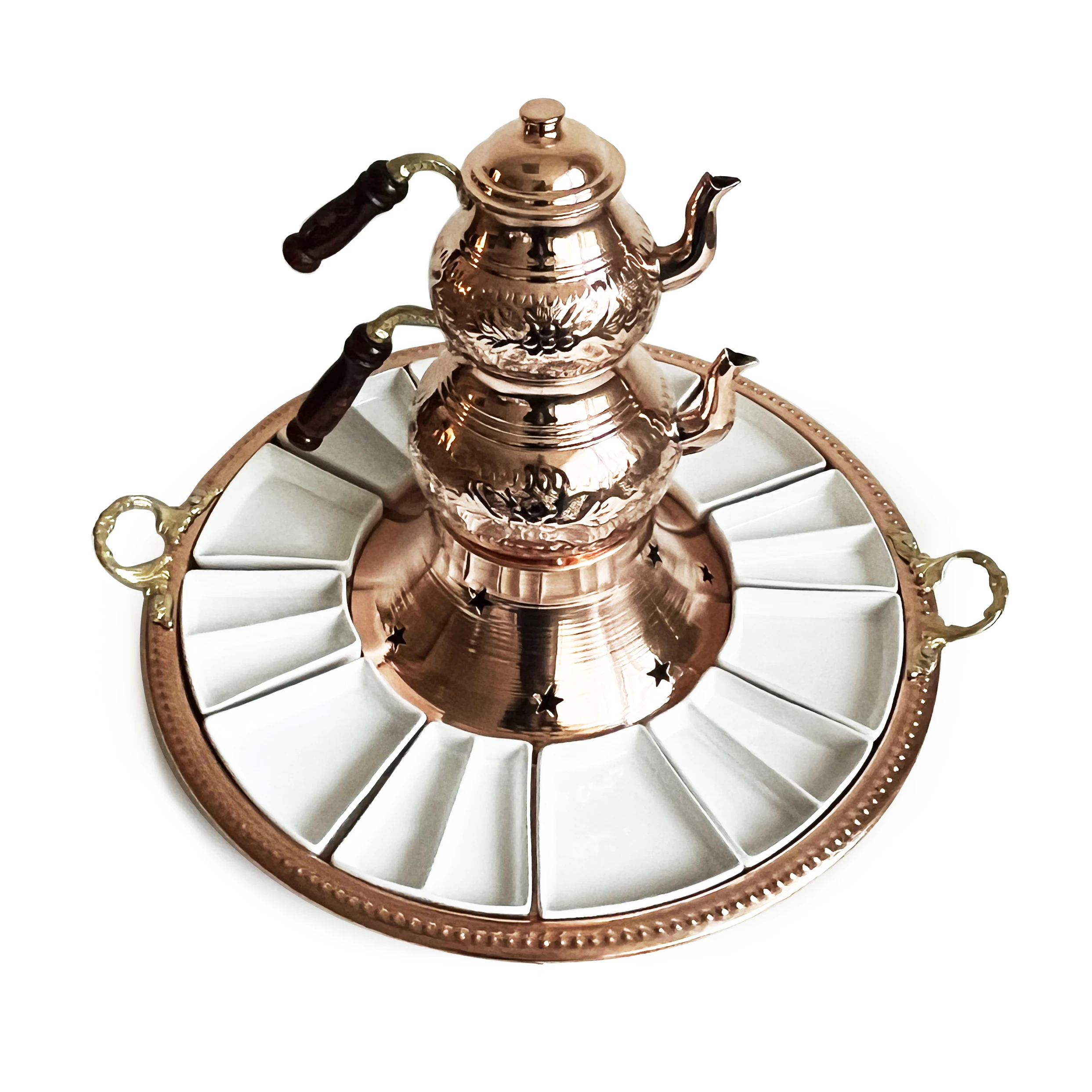 Handmade Copper Turkish Breakfast Set With Hand Carved Teapot Set, Burner and Porcelain Mini Plates, Stovetop Tea Kettle