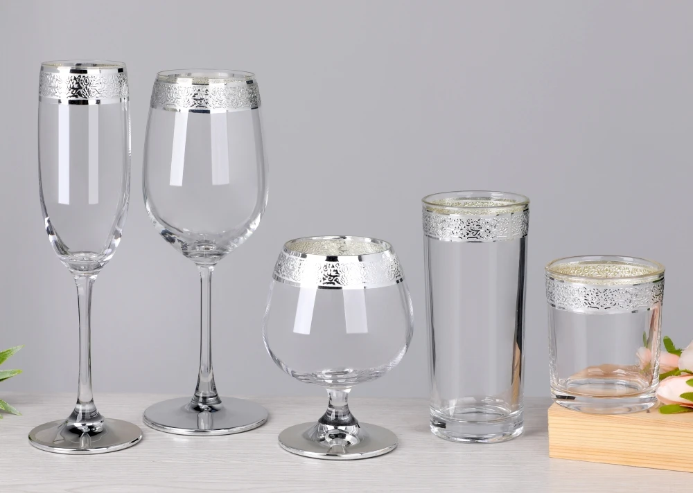 Silver Trim Platinum Rim Lead Free Crystal Champagne Flute Brandy Snifter Collins Old Fashioned Wine Glass Goblets Set