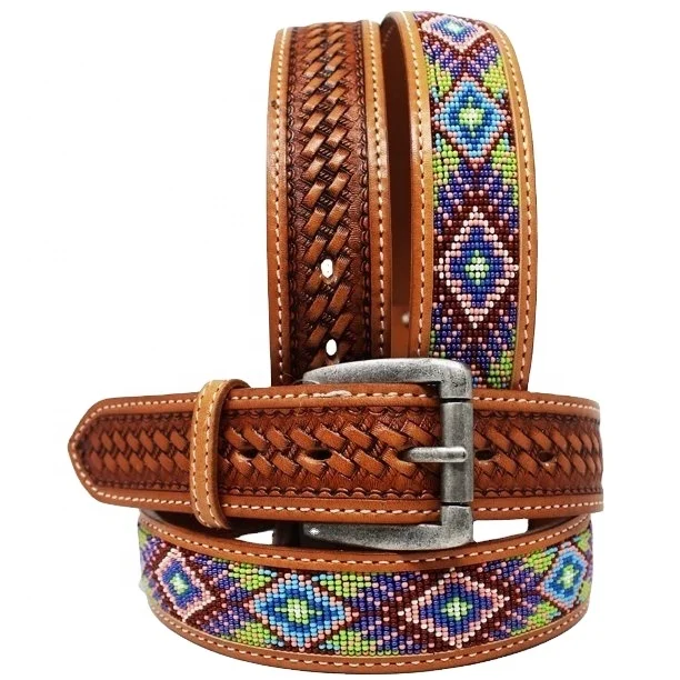 beaded inlay leather belt