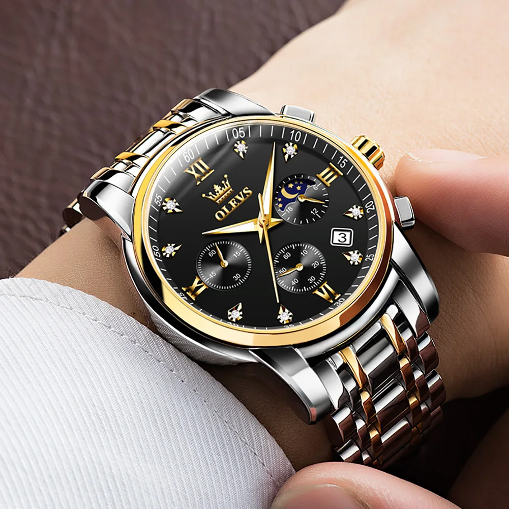 OLEVS Multi Time Zone Wristwatch Waterproof Feature Analog Date Watch Luminous Hands Stainless Steel Quartz Watch