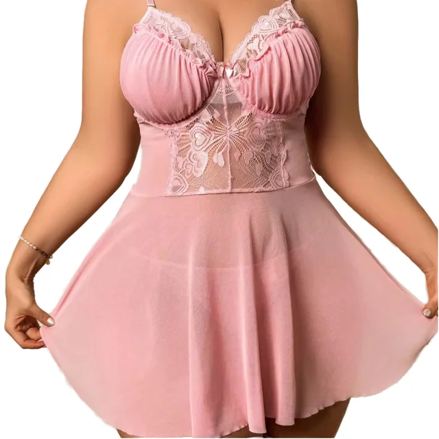Hot Selling Pink Plus Size Womens Sexy Underwear Lingerie Dress with Thong and Leg Garter