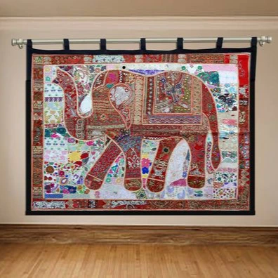 Grande Tapisserie Murale Éléphants Patchwork Perlé Brodé Main Ethnique 150cm