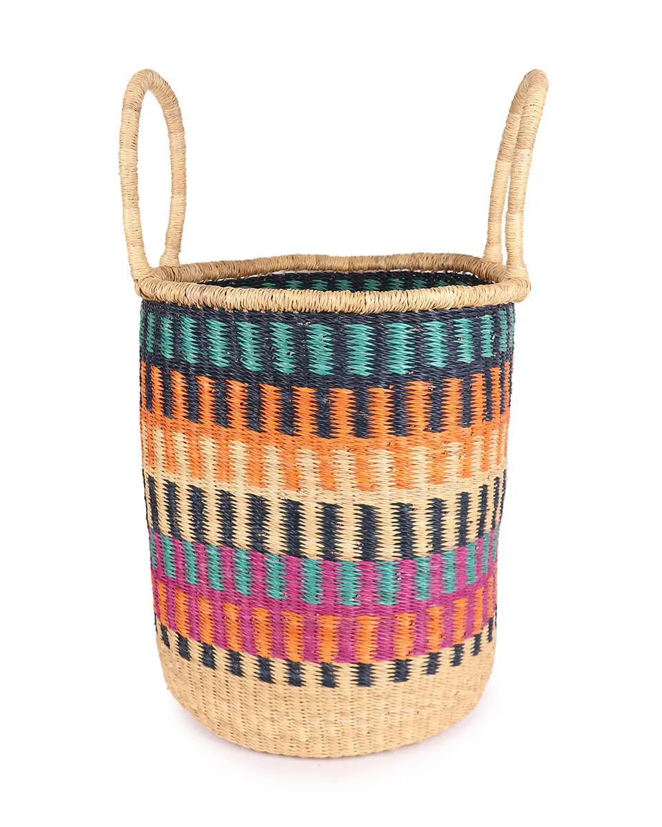 Handmade Round Bags African Seagrass Bolga Baskets Colorful Ghana Woven ...