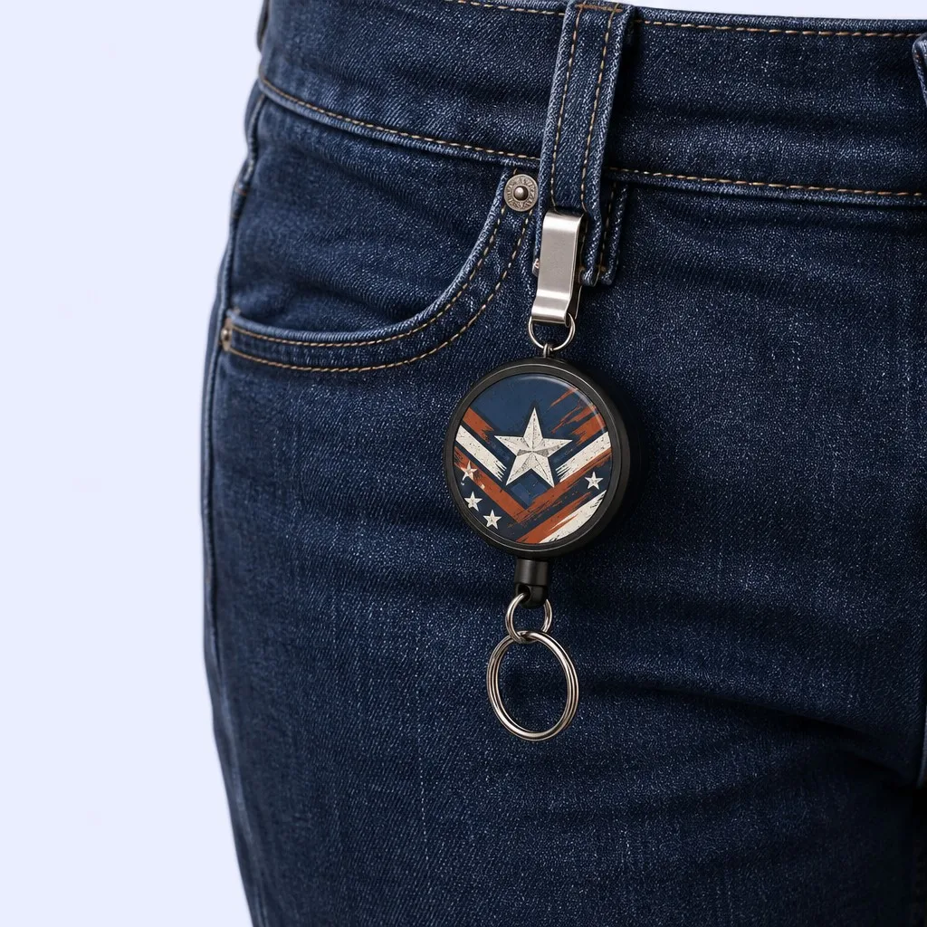 Close-up belt loop — vintage star chevron badge reel clipped to dark blue jeans waistband