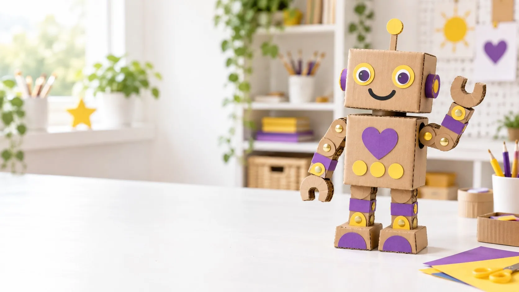 Cardboard robot with moving arms and heart decoration