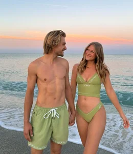 2024 Designer Custom Logo Solid Women's Couple Swimwear Printed Two-piece Triangle Bikini Sets Tank Bra Thongs Scoop Neckline