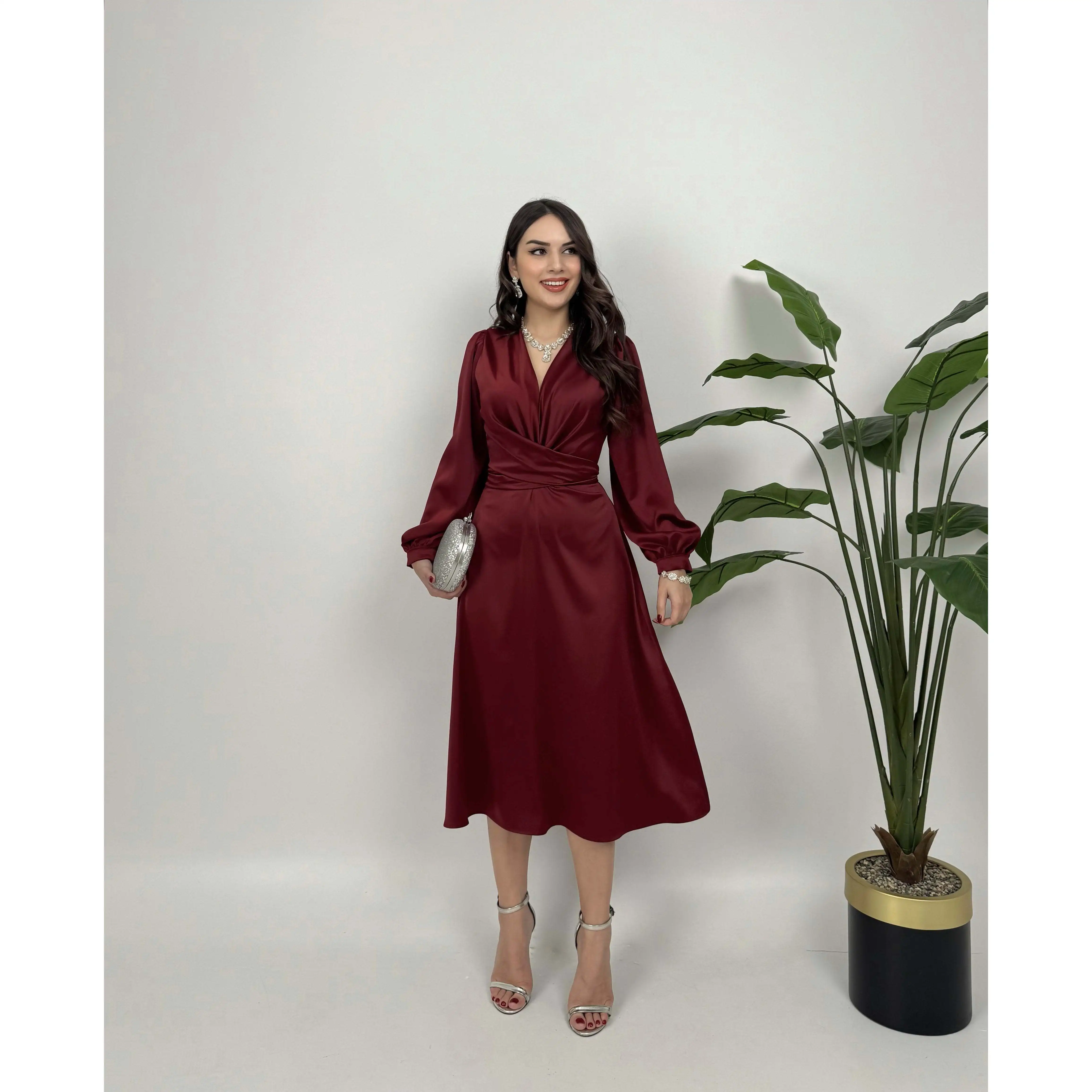 2052 A-Line Satin Belted Dress with Natural Waistline