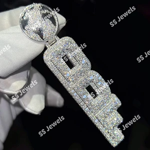 Custom Vertical Letter VVS Lab Grown Diamond Pendant 925 Sterling Silver Rhodium Plated Brilliant Cut Iced Name Diamond Charm