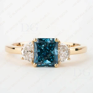 1.40 TCW Blue Colored Square Radiant Cut Lab Grown Diamond Wedding Ring Half Moon Side Stone Engagement Ring Promise Ring Gift