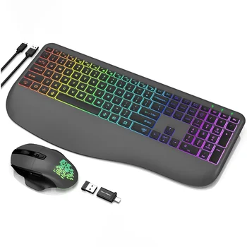 Wireless Keyboard and Mouse Combo, 9 Backlit Effects, Wrist Rest, Silent Light Up Keys, Sleep Mode, Rechargeable Ergonomic Cordl