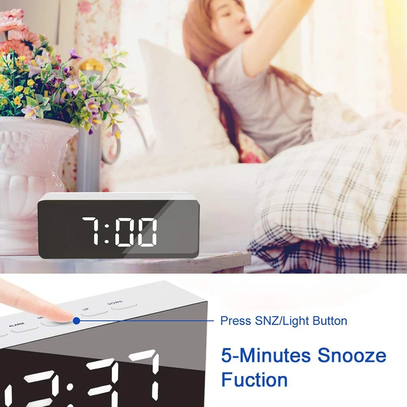 Hot Sale Decoration Gift Modern Desk Table Led Digital Snooze Alarm Mirror Clocks for Home Office
