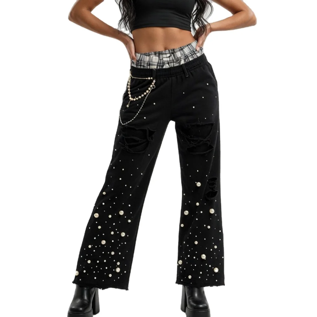 Glory Custom Rhinestone Double Waisted Wide Leg Trouser Premium Quality Joggers For Women Wholesale OEM
