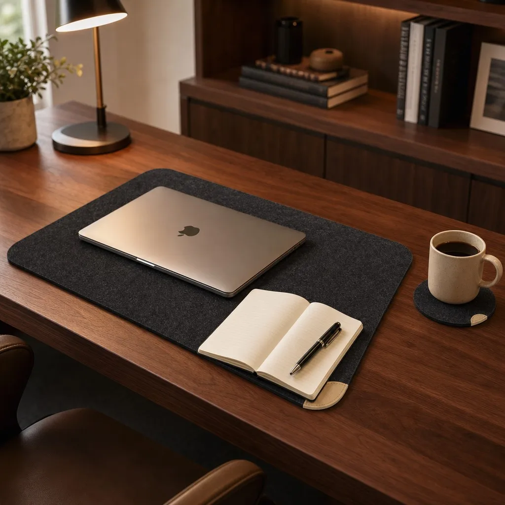 Desk mat scene with a laptop and a coffee cup resting on the felt placemat