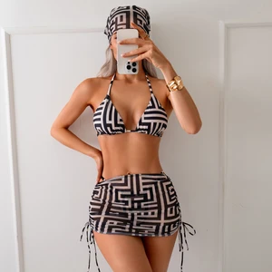 New Arrival 4-Piece Sexy Swimwear for Women Black White Halter Tie Bikini Skirt with Headscarf Logo on Front Woven 2-Piece Set