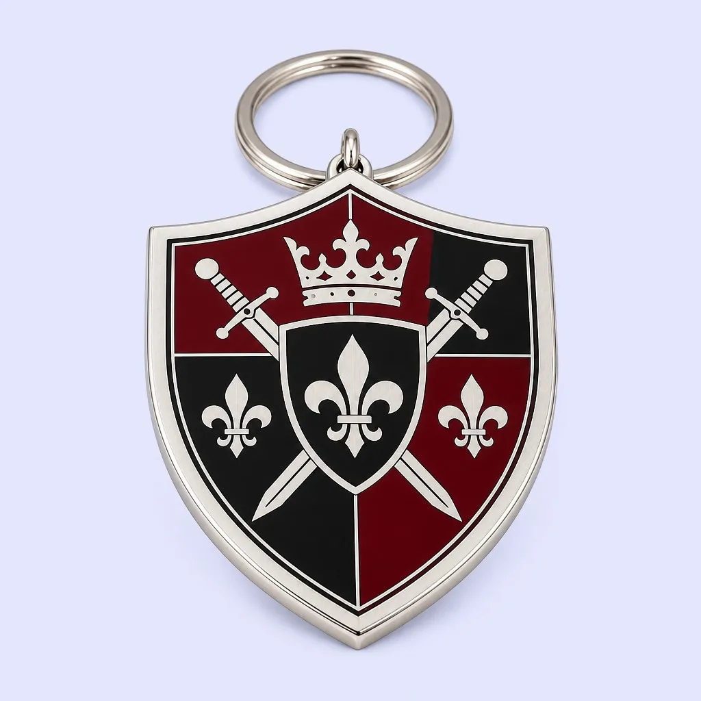 Hard Enamel Shield Keychain - front face, crimson red and black heraldic design