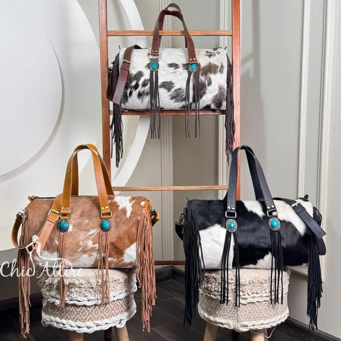 Custom Luxury Cowhide Leather Fringe Duffle Bag with Trolley