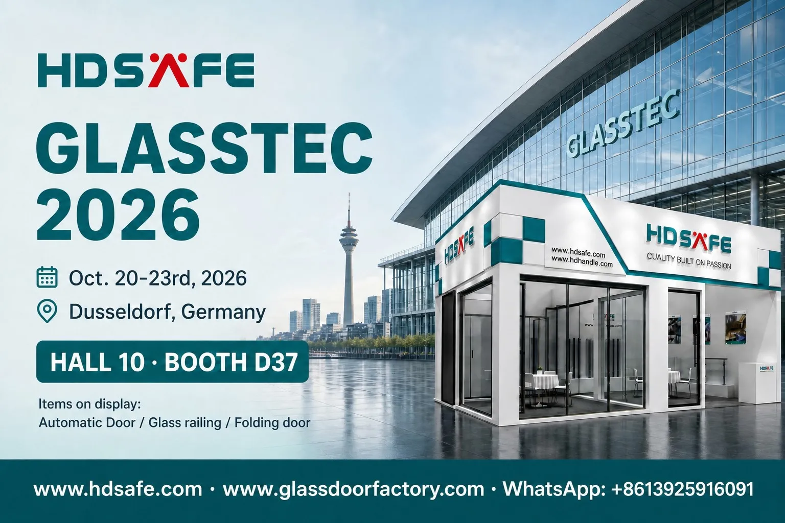 HDSAFE Glasstec 2026 invitation, October 20–23 in Düsseldorf, Germany, Hall 10, Booth D37.