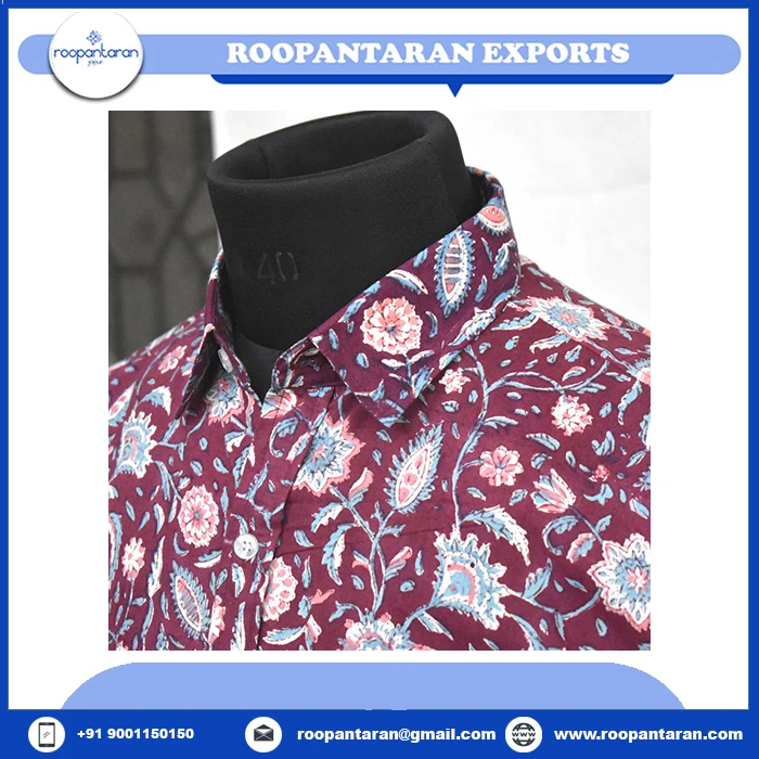Men's Striped Cotton Cambric Shirt Indian Hand Block Printed Soft and on Sale at Best Price for Spring Season