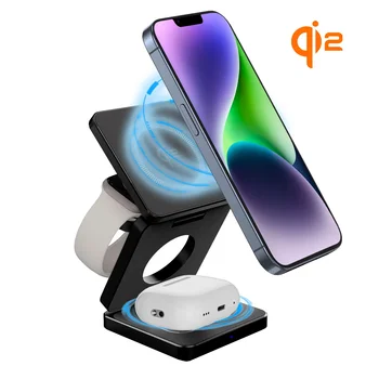 Alternative view of Qi2 Wireless Charger Portable Charger Stand Dock Magnetic Charging Station 3 in 1 Foldable Wireless Charger