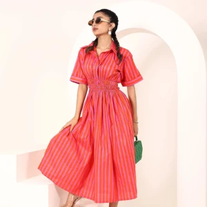 Orange And Pink Striped Shirt Dress With Smocked Waist Smocked Waist Detailing Enhances The Silhouette Available Big Size