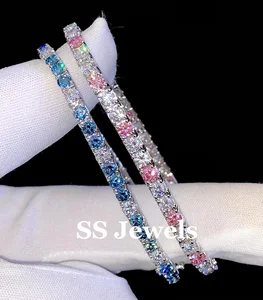Classic Lab-Grown Fancy Intense Blue Pink Brilliant Cut Diamond Linear Tennis Bracelet 925 Sterling Silver Rhodium Plated VVS