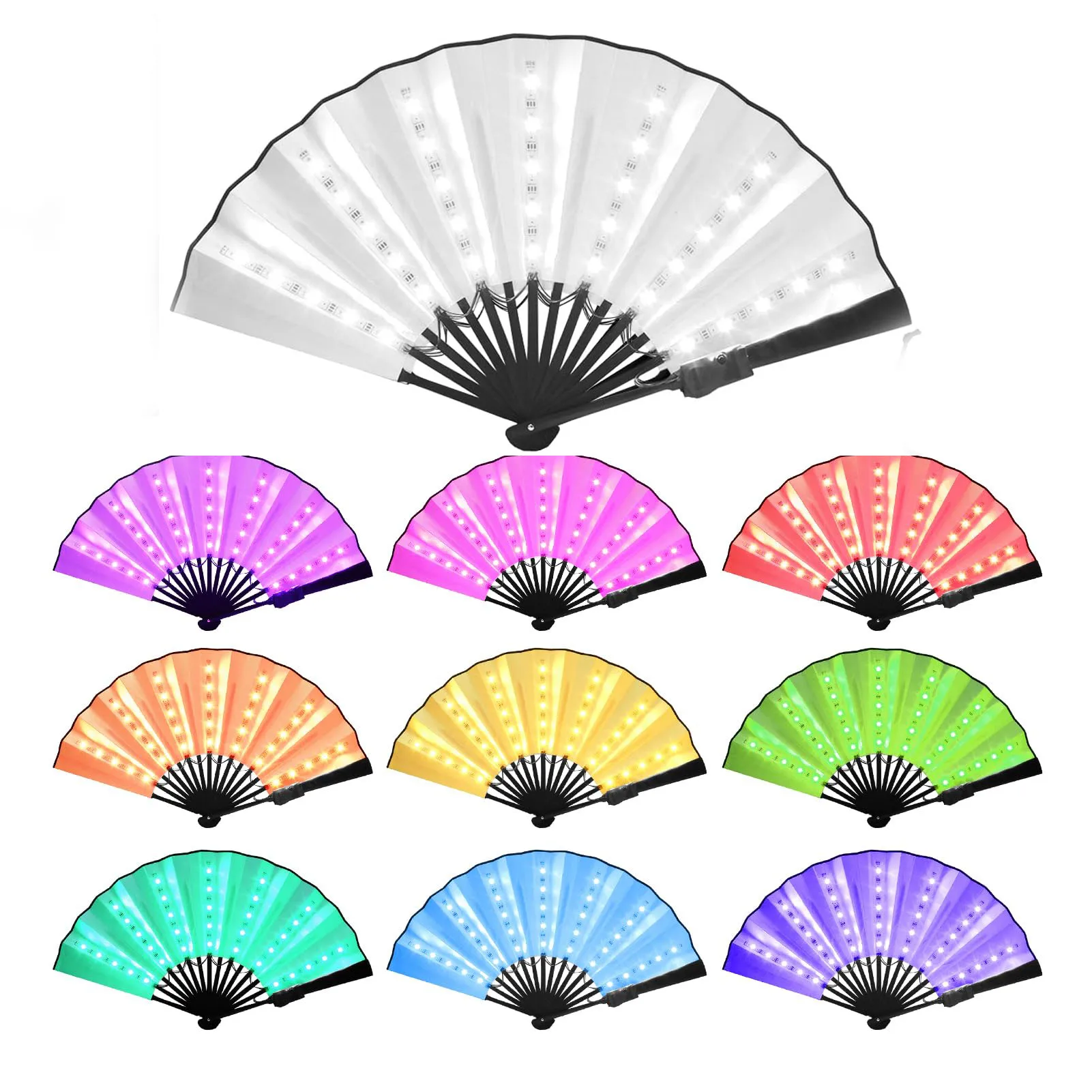 Custom Logo 10 Inch Led Folding Light up Hand Fan Bamboo Decorative Rave Flash Fan for Party