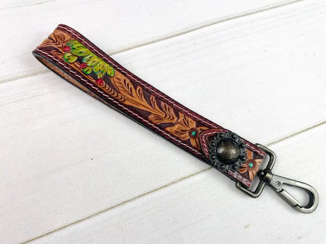 Wholesale Western Tooled Leather Keychain With Cowgirl Wild West Patterns And Aztec Accents