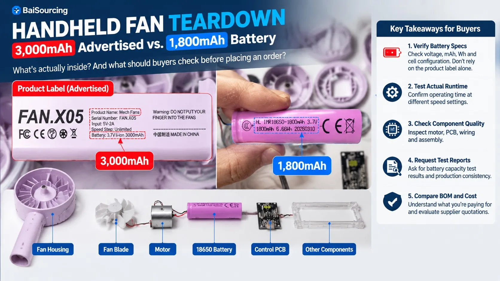 Handheld fan teardown comparison showing product label 3000mAh vs physical battery cell marked 1800mAh, motor, PCB, and housing components