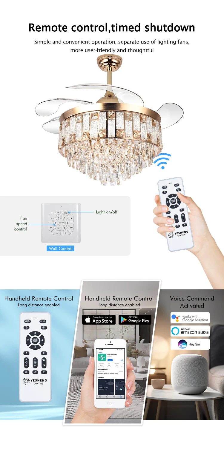 Y262 Luxury 42 Inch Ceiling Fan Light Gold Crystal Retractable Fan Light and Remote Control Invisible European LED Fan Light
