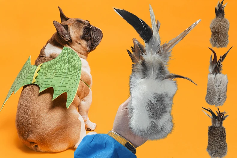Factory Direct Supply Pet Toys Real Rabbit Fur Cat Teaser Colorful Feather Stick Dog Training Toys Play Supplies Pet Products