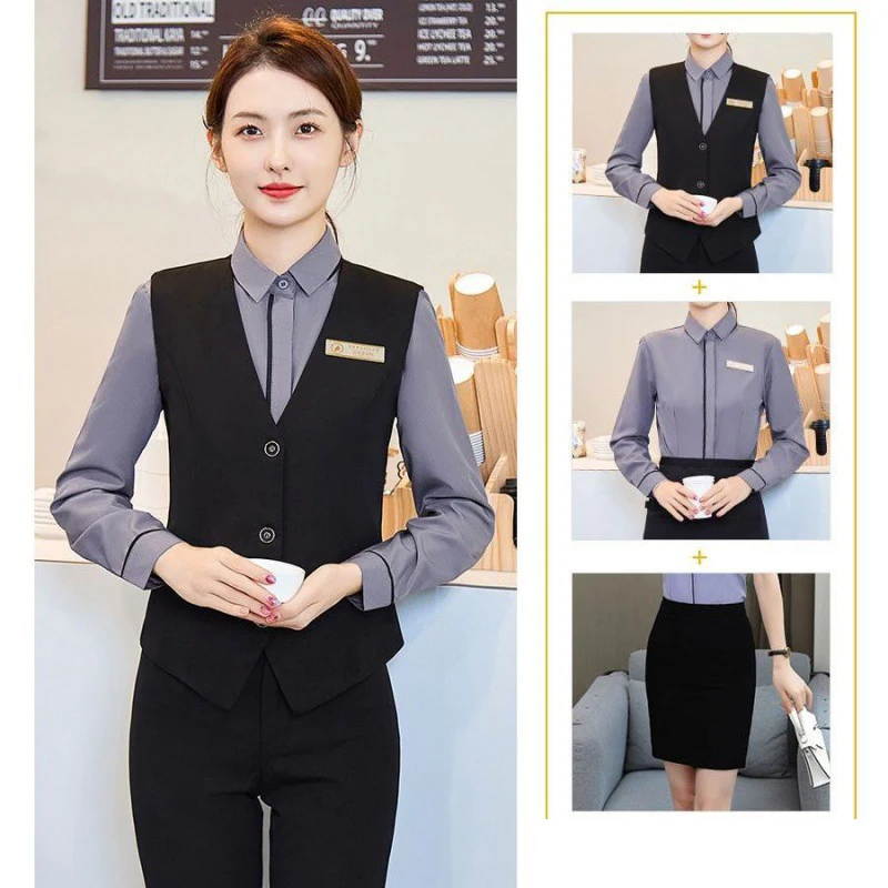 Hotel Uniform Front Office Reception Receptionist Lobby Long Sleeved Top Shirt Vest Pants Unisex Hotel Uniform
