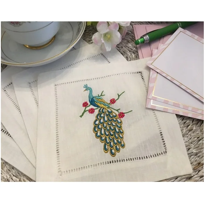 Wholesale Custom Embroidered Pretty Peacock Cocktail Napkin Embroidery High Quality Linen