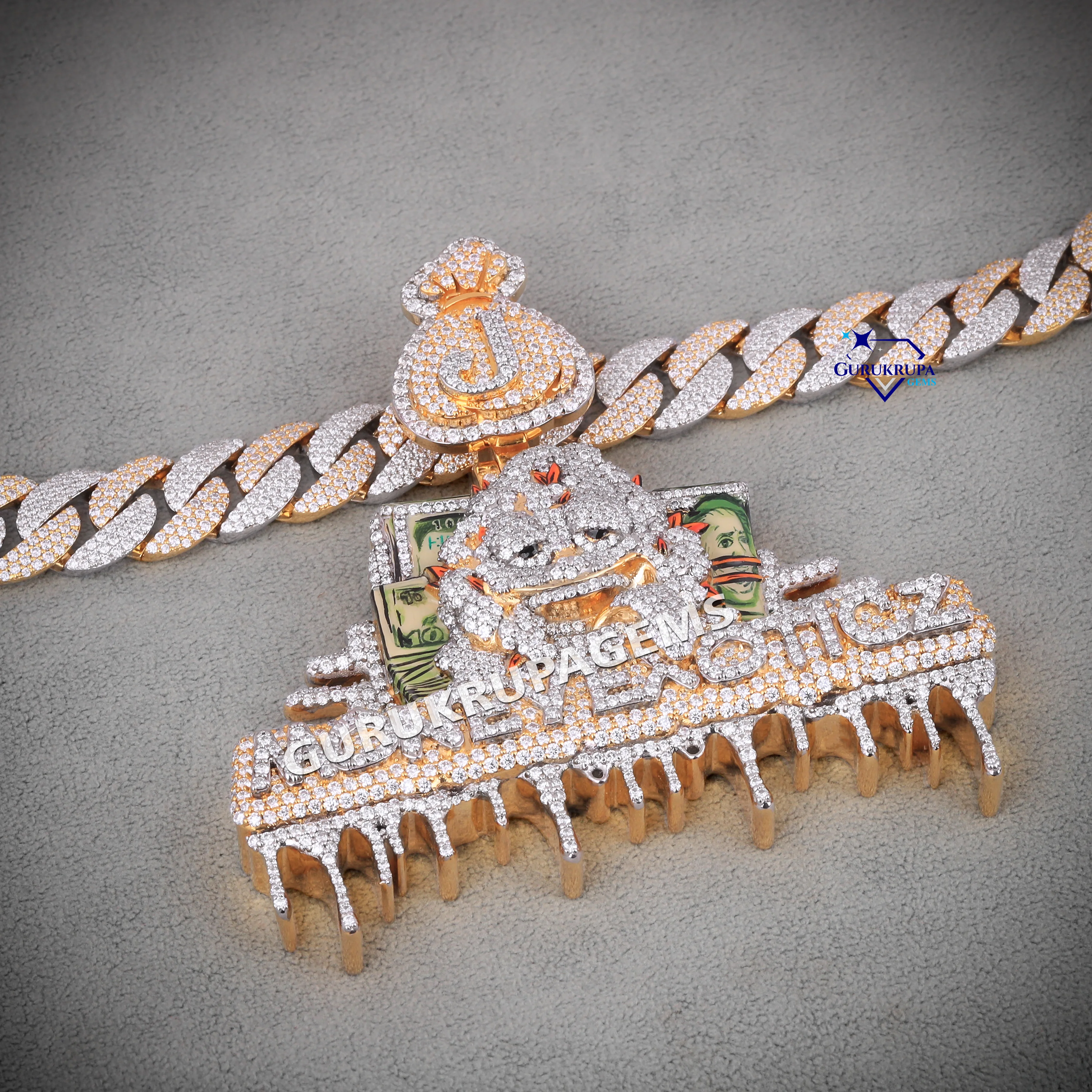 14KT Gold Lab Grown Miami Iced Out Dollar Money Bag Bail Design Pendant  Mens Necklace Hip Hop Chain Link Rapper Pendant Jewelry