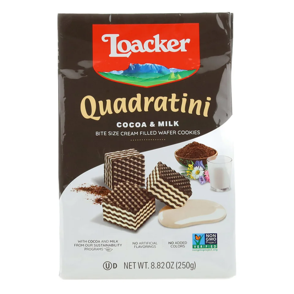 Loacker Quadratini 250g Pack of 18 Milky Cocoa and Milk Wafers Perfect Chocolate-Milk Time Companion Biscuits