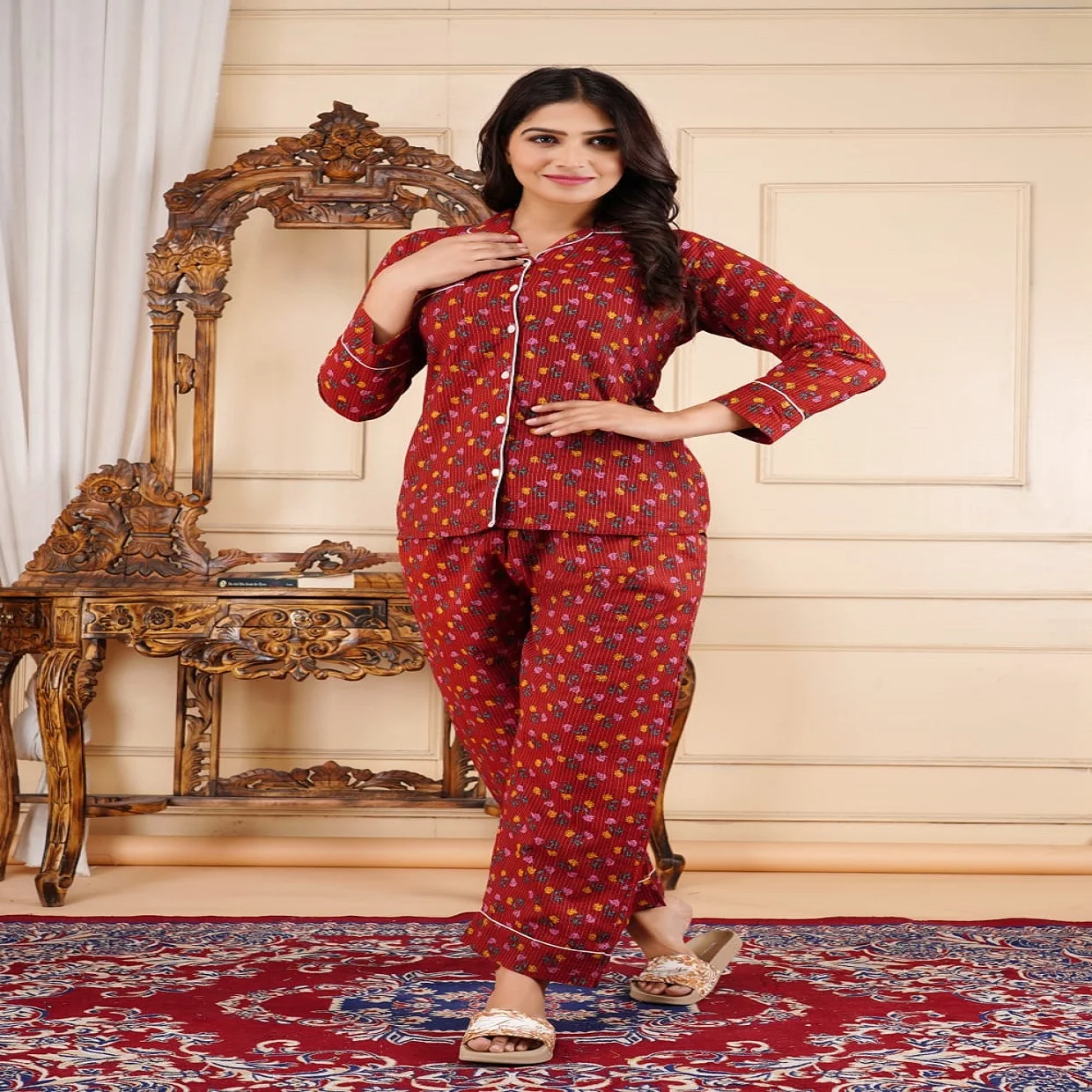Custom Made Floral Printed Modal Lace Thermal Sleepwear Coordinated Sets Lightweight Nightwear for Wholesale Buyers
