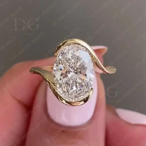 Oval Engagement Ring 3.5 Ct Bypass Solitaire Eternity Bezel Set 10k 14k 18k Yellow Gold IGI Certified Bridal Jewelry Weddings