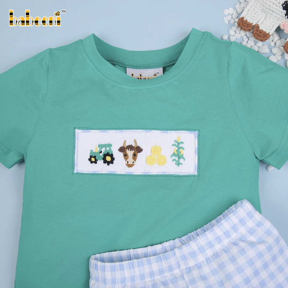 Farm Hand Smocked Boy Short Set Oem Odm Customized Hand Made Embroidery