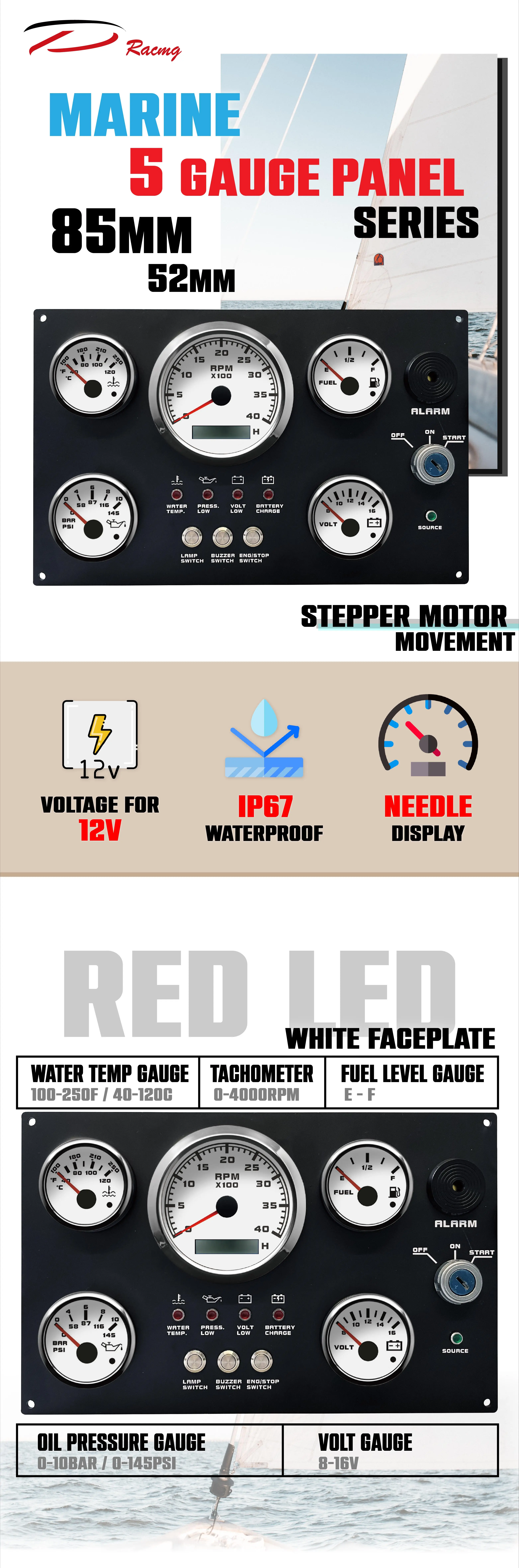 85mm Engine Instrument Gauge Meter Panel 5 Gauges Panel Set White