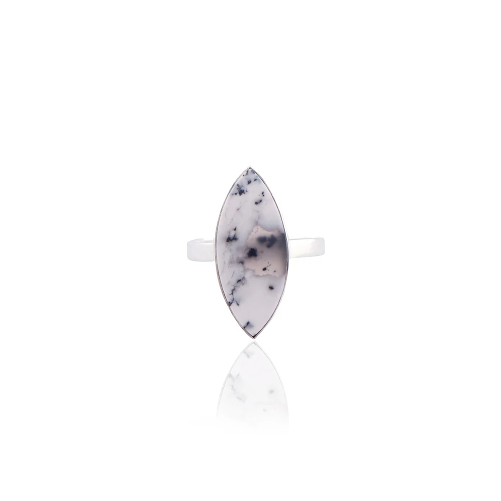 Simple Ring Natural Dendrite Opal Collet Setting Adjustable Ring Brass Silver Plated Marquise Shape Gemstone Back Open Band Ring