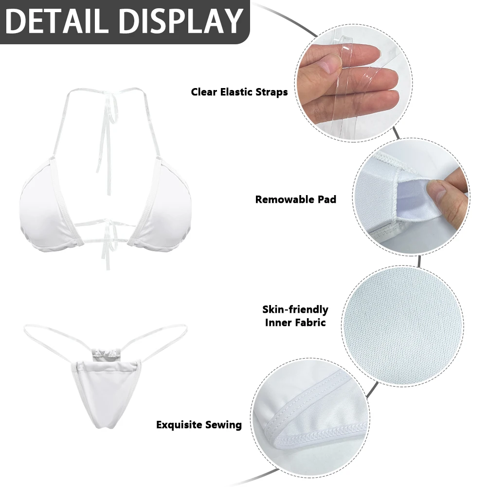2024 Print on Demand Swimsuit With Three Point Custom Logo Swimwear Transparent Shoulder Straps Bikini Thong Set Dropshipping