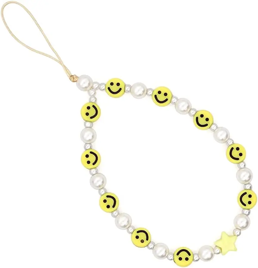 Cute Design Lanyard Wrist Strap Smile Face Handmade Colorful Acrylic Beads for Mobile Phone Pearl Charm Strap for Women Girls