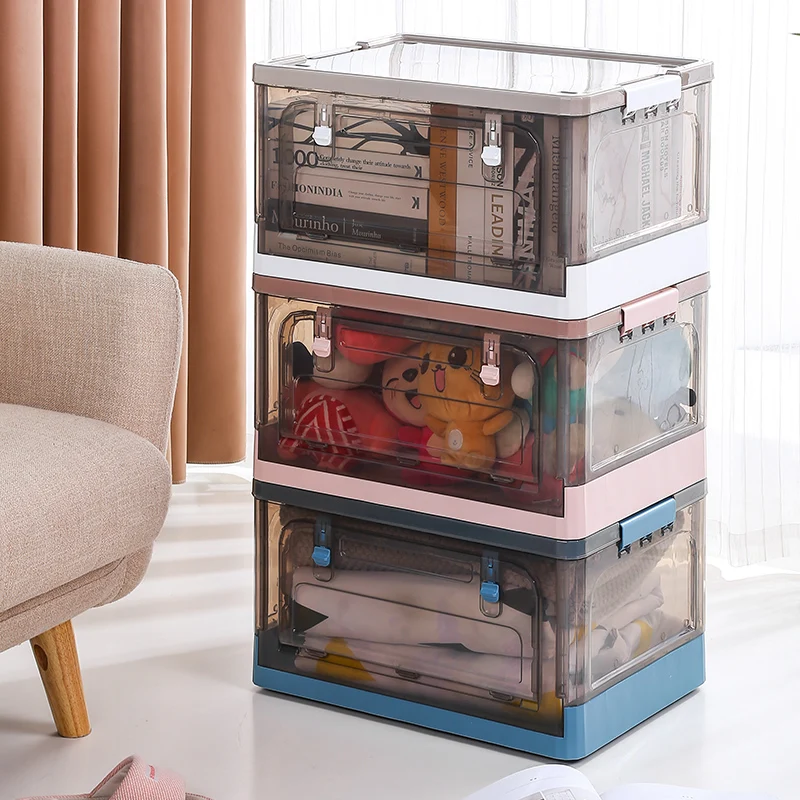 Multifunctional Plastic Storage Container Foldable Stackable Movable Storage Box with Top & Front Open Sundries Organizer