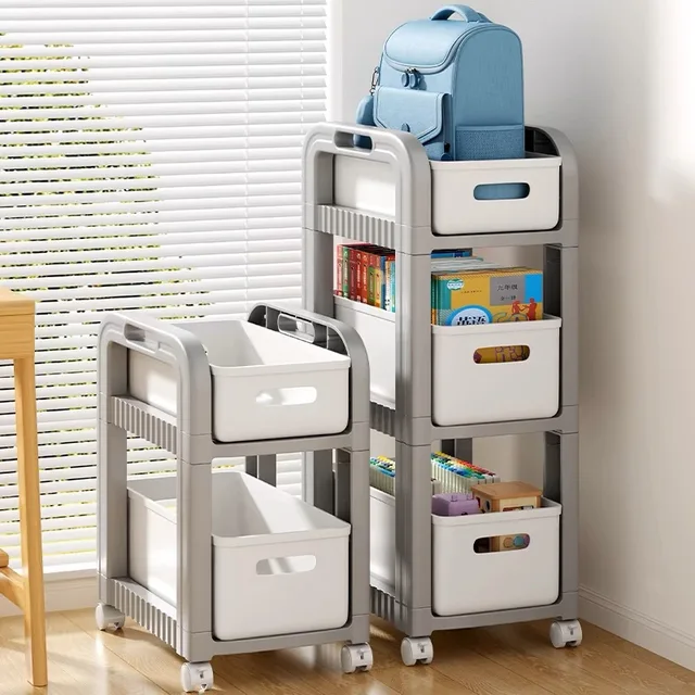 Removable 4-Tier Schoolbag Rack Multi-Layer Home Storage Trolley with Wheels Floor Table for Book Placement