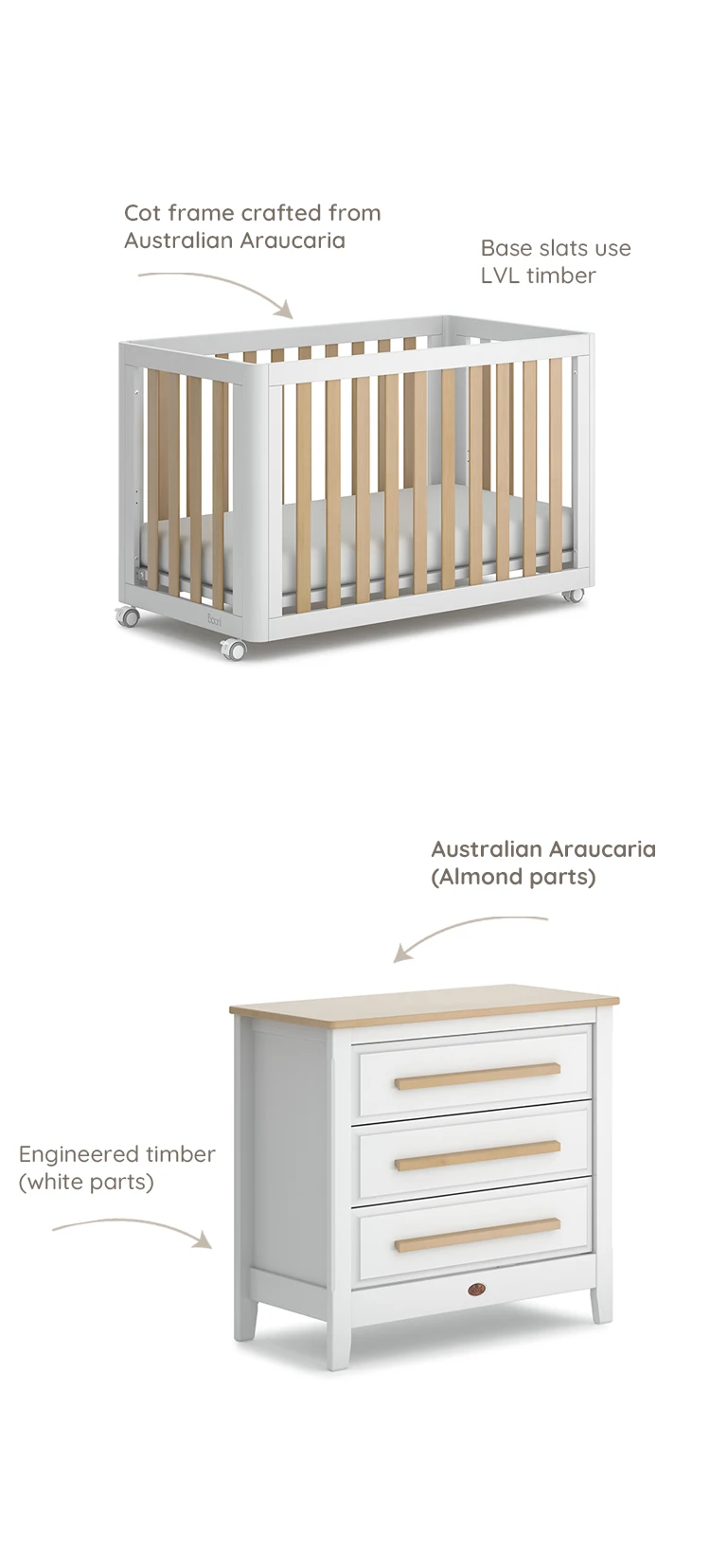 Boori Modern Nursery Furniture Wooden Height Adjustable Baby Cot With