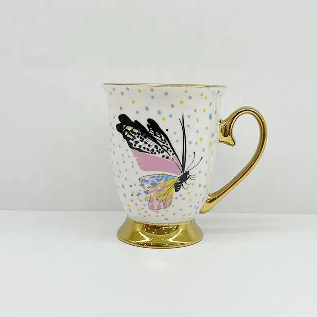 Customized Gold butterfly Decal Applied Ceramic Coffee Mug