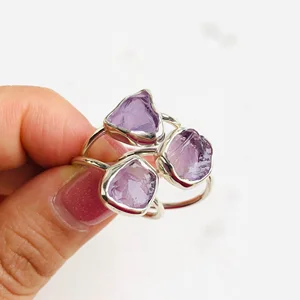 Wholesale Women Jewelry Fashion Finger Ring Custom High Quality Gemstone Raw Purple Crystal Rings Sterling Silver