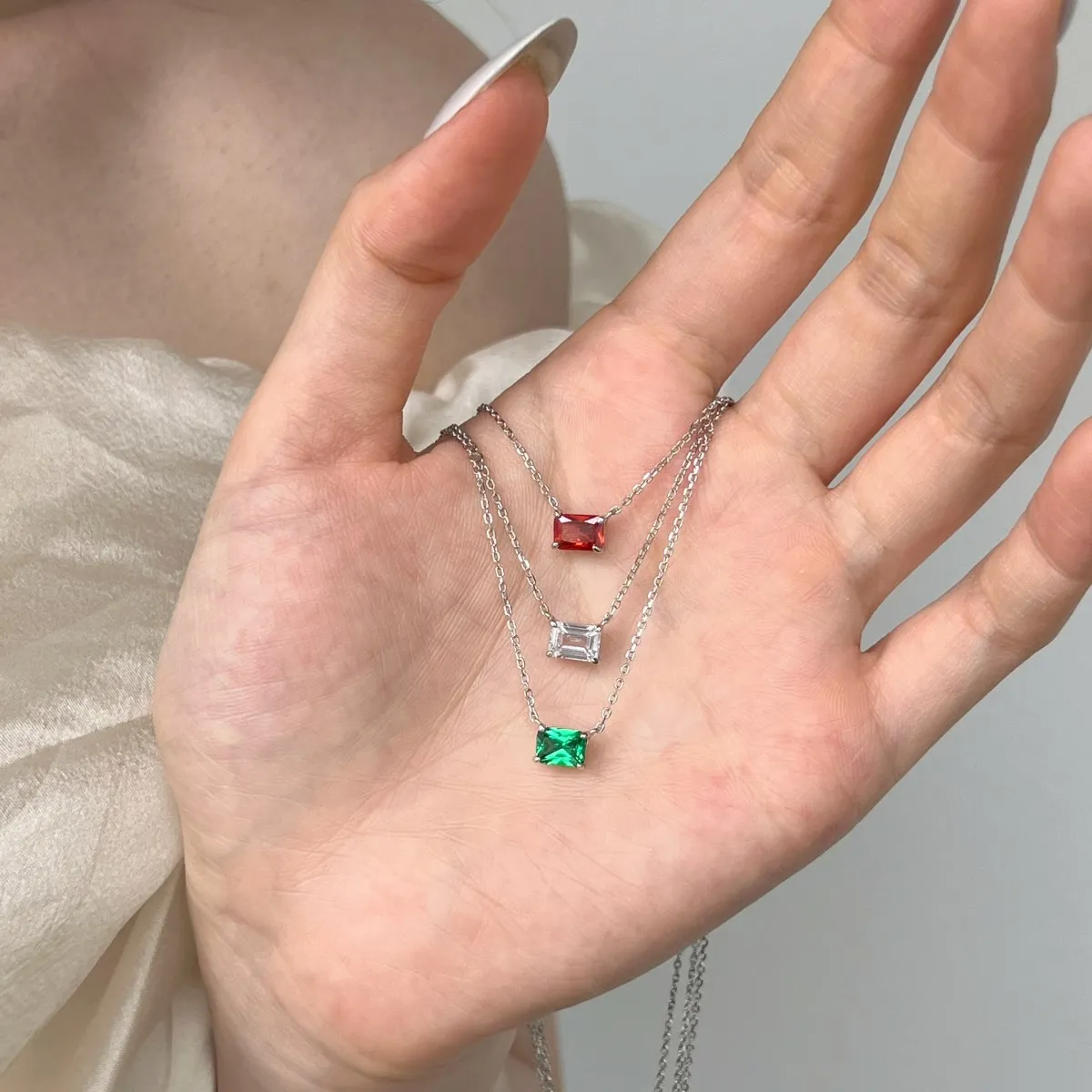 KAKODIY Elegant Jewelry Fancy 925 Sterling Silver Cubic Zirconia Necklace Ruby Emerald Square Pendant Women's Necklace detail 4