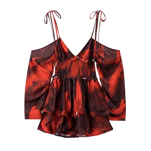 Women's Vintage Sexy Holiday Celebration V-Neck Horn Sleeve High-Waisted Ruffled Floral Print Skinny Fit Hanging Neck Dress